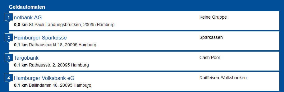 Trefferlisten mit Geldautomaten unterschiedlicher Bankengruppen
