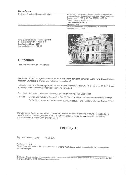 Die fragliche Immobilie, die im Rahmen des Zugewinnausgleichs (Az.: 54 F 467/11 GÜ) durch den Gutachter Carlo Gross, Münster, bewertet worden war. Das Zugewinnverfahren ist noch nicht abgeschlossen, die Ehe noch nicht geschieden.