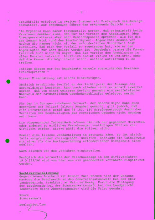 Seite 2 des Schriftsatzes der Staatsanwaltschaft Darmstadt, um einen CDU-Meineidschwörer vor Strafe zu schützen, was den Grundsätzen eines Rechtsstaates natürlich widerspricht.