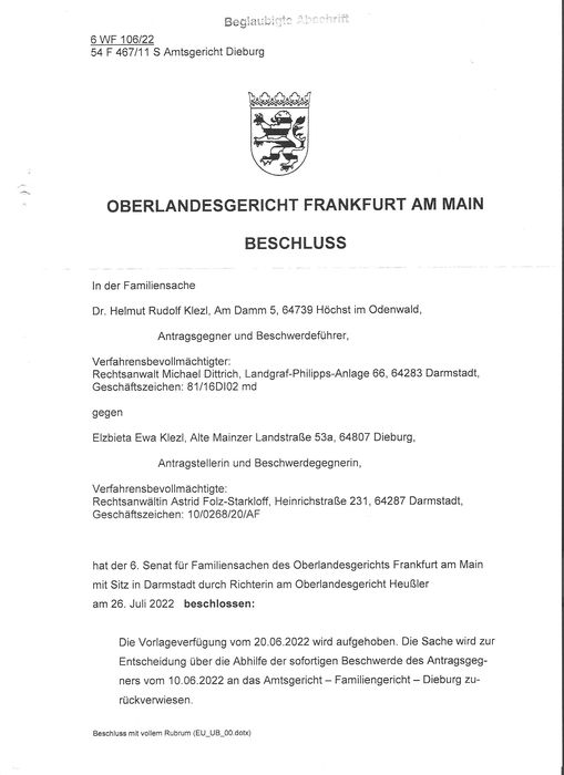 Deckblatt des Urteils dieses Oberlandesgerichts. Über dieses Urteilwurde Beschwerde beim Hessischen Ministerium der Justiz eingereicht.