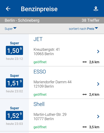 Trefferliste der Benzinpreissuche in den Apps